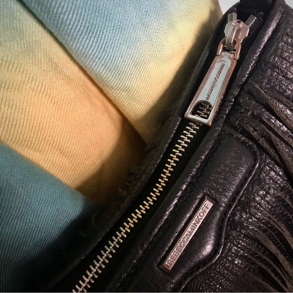 Rebecca Minkoff Purse Finn Black Leather Suede Fringe Clutch Crossbody Bag - Picture 6 of 10